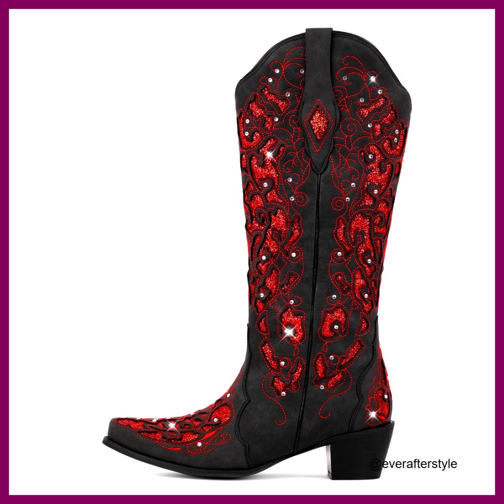 Rhinestone Sparkle Cowboy Boots Mid Calf Chunky Heel Leather Women's Shoes